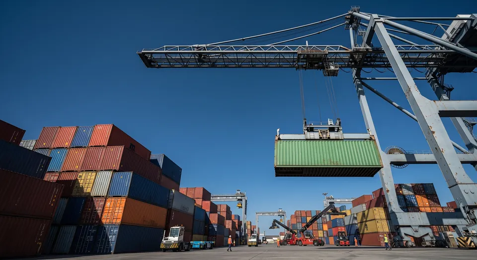 Puerto con contenedores apilados y una grúa cargando un contenedor